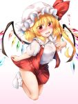  1girl bangs blonde_hair blush breasts buttons collar collared_shirt crystal eyebrows_visible_through_hair eyes_visible_through_hair flandre_scarlet gradient gradient_background hair_between_eyes hand_up hat hat_ribbon heart highres jewelry lifted_by_self looking_at_viewer marukyuu_ameya medium_breasts miniskirt mob_cap multicolored_wings no_shoes one_side_up open_clothes open_mouth open_vest pink_background red_eyes red_nails red_ribbon red_skirt red_vest ribbon shirt short_hair short_sleeves skirt smile socks solo touhou translated vest white_background white_headwear white_legwear white_shirt white_sleeves wings 