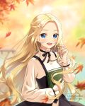  1girl artist_name autumn autumn_leaves black_dress blonde_hair blue_eyes blurry blurry_background blush book dress dress_shirt evening flower forehead hair_flower hair_ornament highres holding leaf lilia_creative long_hair long_sleeves looking_at_viewer maple_leaf md5_mismatch neck_ribbon open_mouth original reading resolution_mismatch ribbon shirt smile source_smaller sunset upper_body water wavy_hair wide_sleeves 