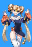  1girl abigail_williams_(fate) absurdres bangs bare_shoulders bell black_bow black_dress blonde_hair blue_background blue_eyes blush bow breasts casul detached_sleeves double_bun dress fate/grand_order fate_(series) forehead hair_bow highres jiangshi jingle_bell long_hair looking_at_viewer multiple_bows ofuda open_mouth orange_bow parted_bangs pelvic_curtain small_breasts smile solo talisman thighhighs thighs twintails white_legwear wide_sleeves 