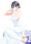  1girl absurdres artist_name bare_shoulders blue_eyes blue_ribbon blush bouquet breasts bride cleavage commentary covered_navel daidai_gege dress eyebrows_visible_through_hair flower footwear_ribbon hair_between_eyes hair_bun high_heels highres jewelry large_breasts looking_at_viewer necklace original ribbon simple_background sitting smile solo wedding_dress white_background white_dress yokozuwari 