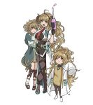  3girls :o agnes_tachyon_(umamusume) agnes_tachyon_(umamusume)_(cosplay) ahoge andira_(granblue_fantasy) anila_(granblue_fantasy) animal_ears arm_hug bangs black_legwear blonde_hair breasts commentary_request cosplay cygames doctor_(granblue_fantasy) draph dress erune extra_ears flat_chest full_body glanbluefanta granblue_fantasy green_dress hairband harvin highres horns horse_ears kokkoro_(princess_connect!) kokkoro_(princess_connect!)_(cosplay) labcoat large_breasts long_hair looking_at_viewer mahira_(granblue_fantasy) multiple_girls necktie needle open_mouth pointy_ears princess_connect! red_necktie short_hair sidelocks signature simple_background sleeves_past_wrists standing sweater umamusume vial white_background 