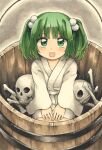  1girl absurdres bangs blush bone bucket eyebrows_visible_through_hair green_eyes green_hair hair_bobbles hair_ornament highres in_bucket in_container japanese_clothes kimono kisume kneeling looking_at_viewer maa_(forsythia1729) short_hair skull solo touhou traditional_media twintails wide_sleeves wooden_bucket 