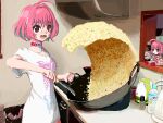  1girl :o aiu404l blue_hair bone_print bottle character_doll cooking food fried_rice hair_intakes holding idolmaster idolmaster_cinderella_girls leather_choker looking_at_viewer looking_to_the_side meme monster_energy oversized_clothes oversized_shirt parody photo-referenced pink_hair print_shirt rice_wave shirt short_hair short_sleeves spatula stuffed_toy water_bottle wavy_mouth wok yumemi_riamu 