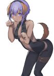  1girl absurdres animal_ears bangs bare_shoulders black_headband blush breasts center_opening commentary_request dark-skinned_female dark_skin dog_ears dog_tail fake_animal_ears fate/grand_order fate_(series) hair_between_eyes hassan_of_serenity_(fate) headband highres leotard medium_breasts open_mouth paw_pose purple_eyes purple_hair simple_background solo tail taruto_(takug0812) thigh_strap white_background 