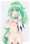  1girl bare_shoulders black_gloves blue_eyes breasts commentary_request gloves green_hair green_heart highres horns kazuneko_(wktk1024) large_breasts long_hair navel neptune_(series) open_mouth ponytail power_symbol single_horn smile solo symbol-shaped_pupils thighhighs underboob 