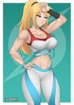  1girl adapted_costume blonde_hair border breasts cleavage cowboy_shot flytrapxx green_background highres large_breasts long_hair metroid metroid_dread midriff muscular muscular_female navel outside_border pants samus_aran solo sports_bra sweat twitter_username white_border white_pants 