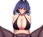  1girl bangs black_bra black_legwear black_panties blue_eyes blue_hair blush bra breasts chain collarbone commentary english_commentary frown garter_straps hair_intakes head_chain hololive hololive_english huge_breasts looking_away looking_to_the_side navel ouro_kronii panties panties_under_pantyhose pantyhose short_hair simple_background solo spread_legs tentopus underwear virtual_youtuber white_background 