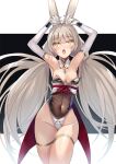  1girl :o adapted_costume animal_ears bangs blush breasts chest_jewel covered_navel cowboy_shot elbow_gloves eyebrows_visible_through_hair gloves highleg highleg_leotard hinot leotard long_hair looking_up low_twintails medium_breasts nia_(blade)_(xenoblade) nia_(xenoblade) playboy_bunny silver_hair solo strapless strapless_leotard twintails very_long_hair white_gloves xenoblade_chronicles_(series) xenoblade_chronicles_2 yellow_eyes 