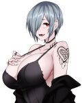  1girl breasts camui_kamui commentary_request eyebrows eyebrows_visible_through_hair fang gothic hand_on_own_chest heart heart_tattoo huge_breasts jewelry looking_at_viewer multiple_rings off_shoulder open_mouth original red_eyes ring short_hair shoulder_tattoo sideboob silver_hair simple_background smile tattoo undressing white_background 