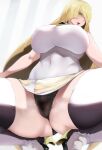  1girl black_panties blonde_hair breasts cameltoe curvy dress female_pubic_hair from_below green_eyes hair_over_one_eye high_heels highres large_breasts long_hair lusamine_(pokemon) mismatched_pubic_hair panties plump pokemon pokemon_(game) pokemon_sm pubic_hair ratetaso short_dress sleeveless sleeveless_dress solo spread_legs squatting thighhighs tongue tongue_out underwear upskirt very_long_hair white_dress 