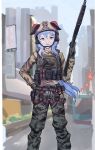  1girl absurdres battle_dress_uniform blue_hair blurry blurry_background building camouflage camouflage_pants city commentary commission fang feet_out_of_frame ganyu_(genshin_impact) gar32 genshin_impact gun hand_on_hip hand_up handgun helmet highres holstered_weapon horns horns_through_headwear long_hair long_sleeves military military_uniform open_mouth outdoors pants pistol purple_eyes shotgun sidelocks sign skin_fang skyscraper solo straight-on tactical_clothes uniform very_long_hair weapon 