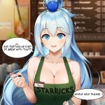  1girl ? apron aqua_(konosuba) badge bait_and_switch bangs beads blue_eyes blue_hair blurry blurry_background breasts character_name cleavage clothes_writing collarbone commentary confused cup depth_of_field disposable_cup empty_eyes english_commentary english_text eyebrows_visible_through_hair green_apron hair_beads hair_between_eyes hair_ornament highres holding holding_cup holding_marker iced_latte_with_breast_milk_(meme) id_card kono_subarashii_sekai_ni_shukufuku_wo! large_breasts long_hair looking_at_viewer marker meme menu_board naked_apron open_mouth pov rejection sasoura solo speech_bubble starbucks sweatdrop upper_body very_long_hair you&#039;re_doing_it_wrong 