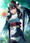  1girl arm_up bangs bird_wings black_hair black_legwear black_skirt black_wings blurry blurry_background breasts commentary cross-laced_clothes eyebrows_visible_through_hair feathered_wings hair_between_eyes hat hauchiwa highres japanese_clothes kaede_(mmkeyy) kourindou_tengu_costume large_breasts lips long_sleeves looking_at_viewer miniskirt obi obijime open_mouth pointy_ears pom_pom_(clothes) rain ribbon-trimmed_clothes ribbon-trimmed_skirt ribbon_trim sash shameimaru_aya skirt solo thighhighs tokin_hat touhou water_drop wet wet_clothes wet_face wide_sleeves wings 