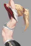  1girl armpits arms_up black_pants blonde_hair braid breasts clothes_lift fate/apocrypha fate_(series) french_braid grey_sports_bra hair_ornament hair_scrunchie highres long_hair mordred_(fate) mordred_(fate/apocrypha) pants ponytail red_scrunchie red_shirt scrunchie shirt sidelocks small_breasts sports_bra toned tonee two-tone_shirt white_shirt 