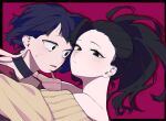  2girls bangs black_border black_choker black_hair blue_hair blush boku_no_hero_academia border brown_sweater choker closed_mouth commentary_request from_side highres hug jirou_kyouka long_neck looking_at_another looking_at_viewer lower_teeth multiple_girls open_mouth ponytail portrait red_background short_hair sweater teeth tongu_11 yaoyorozu_momo yuri 