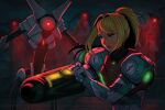  1girl arm_cannon armor bangs blonde_hair blue_eyes e.m.m.i._(metroid) glowing gun long_hair metroid metroid_dread mole mole_under_mouth ponytail power_armor power_suit samus_aran science_fiction sidelocks solo theskywaker upper_body visor watermark weapon 