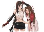  2girls abs aerith_gainsborough artist_name black_hair black_skirt blood blush bow braid braided_ponytail brown_hair closed_eyes commentary crop_top cropped_jacket dreamsyndd dress elbow_pads english_commentary final_fantasy final_fantasy_vii flying_sweatdrops hand_on_another&#039;s_stomach heart highres jacket jewelry long_hair looking_at_another low-tied_long_hair miniskirt multiple_girls muscle_awe necklace nosebleed open_mouth overalls parted_lips pencil_skirt pink_bow pink_dress red_jacket shy simple_background skirt smile suspender_skirt suspenders suspenders_gap tank_top tifa_lockhart toned touching tri_drills twitter_username white_background white_tank_top yuri 