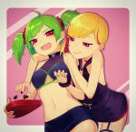  2girls ahoge artist_request bangs bare_shoulders black_nails blonde_hair box box_of_chocolates bracelet candy chocolate choker clothing_cutout commentary_request delruki delutaya dress earrings fangs fingernails food garter_straps green_eyes green_nails halter_top halterneck heart heart-shaped_box heart-shaped_chocolate highres indie_virtual_youtuber jewelry kiruno_ruki midriff multiple_girls nail_polish navel open_mouth pink_hair purple_eyes red_eyes skin_fangs skirt smile triangle_earrings triangle_hair_ornament twintails underboob_cutout valentine virtual_youtuber yuri 