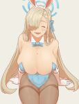  1girl ^_^ animal_ears asuna_(blue_archive) bare_shoulders blue_archive blue_bow blue_bowtie blush bow bowtie breasts brown_legwear cleavage closed_eyes commentary_request detached_collar fake_animal_ears gloves grey_background hair_over_one_eye halo highres huge_breasts mole mole_on_breast nasakene open_mouth pantyhose playboy_bunny rabbit_ears simple_background sitting smile solo white_gloves 