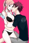  1boy 1girl bikini black_bikini black_shirt blonde_hair blue_shirt blush bottle commentary_request couple embarrassed hair_ornament hairclip halterneck hand_on_another&#039;s_hip hetero holding holding_bottle long_hair looking_at_another nakiri_erina pink_background purple_eyes red_hair s2kns1 shirt shokugeki_no_souma short_hair side-tie_bikini sitting sitting_on_person string_bikini sweat swimsuit twintails yellow_eyes yukihira_souma 