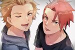  2boys ;d black_shirt brown_eyes eijiri_takekazu jojima_jo light_brown_hair looking_at_viewer male_focus multiple_boys one_eye_closed open_mouth re-main red_eyes red_hair sako_(oyatutabero) shirt short_hair simple_background smile t-shirt tongue tongue_out upper_body white_background 