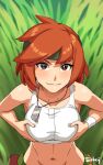  1girl absurdres advance_wars armband blush commentary dog_tags english_commentary grass green_headband headband highres midriff navel nude orange_hair pants red_eyes red_hair sami_(advance_wars) short_hair smile solo sports_bra tank_top twobey 