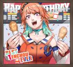  1girl bangs chicken_(food) chicken_leg earrings exaxuxer feather_earrings feathers food food_focus fried_chicken gradient_hair happy_birthday hat highres holding hololive hololive_english jewelry looking_at_viewer multicolored_hair open_mouth orange_hair purple_eyes romaji_text smile takanashi_kiara virtual_youtuber 