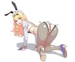 1girl adelheid_(eden&#039;s_ritter) all_fours animal_ears ass bangs blonde_hair blue_eyes blue_gloves blush breasts curly_hair detached_leggings eden&#039;s_ritter_grenze fake_animal_ears gloves grey_legwear hairband half_gloves high_heels kageshio_(276006) long_hair long_sleeves looking_at_viewer looking_back maid_headdress meme_attire open_mouth playboy_bunny rabbit_ears rabbit_tail reverse_bunnysuit reverse_outfit shrug_(clothing) small_breasts smile solo tail 