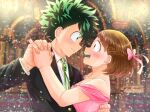  1boy 1girl blush boku_no_hero_academia brown_eyes brown_hair couple dancing dress eyebrows_visible_through_hair formal green_eyes green_hair hair_ornament hetero highres holding_hands midoriya_izuku pink_dress suit uraraka_ochako yutamako2515 