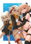  3girls :o ahoge anklet bangs bikini black_bikini black_bow black_dress black_gloves black_jacket black_scarf black_swimsuit blonde_hair blush bow breasts bubble cleavage closed_mouth commentary_request cropped_jacket dark-skinned_female dark_skin dress elbow_gloves eyebrows_visible_through_hair fate/grand_order fate_(series) gloves grey_eyes hair_between_eyes hair_bow hair_ornament half_updo highres hug jacket jewelry long_hair looking_at_viewer matsuba_moco medium_breasts multiple_girls navel neck_ribbon okita_j._souji_(fate) okita_souji_(alter_swimsuit_saber)_(fate) okita_souji_(fate) open_mouth orange_ribbon orange_scarf partially_fingerless_gloves ponytail red_bow rengoku_(fate) ribbon scarf short_hair shrug_(clothing) size_difference sleeveless sleeveless_dress smile sundress swimsuit tassel tongue white_bikini white_hair white_swimsuit 