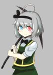  1girl bangs black_bow black_bowtie black_hairband black_ribbon blue_eyes blush blush_stickers bow bowtie closed_mouth collared_shirt commentary cookie_(touhou) cowboy_shot eyebrows_visible_through_hair green_skirt green_vest grey_background grey_hair hair_between_eyes hair_ribbon hairband heterochromia highres holding holding_pickaxe konpaku_youmu looking_at_viewer mi_zu_to_ra pickaxe red_eyes ribbon shirt short_hair short_sleeves simple_background skirt skirt_set smile solo touhou vest white_shirt zerukalo_(cookie) 