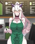  1girl absurdres apron artoria_pendragon_(fate) artoria_pendragon_(lancer_alter)_(fate) bangs bare_shoulders barista black_choker blonde_hair blush breasts cafe choker cleavage collarbone commentary cup disposable_cup embarrassed english_commentary eyebrows_visible_through_hair fate/grand_order fate_(series) green_apron hair_between_eyes highres holding holding_pen horns hyperbudd iced_latte_with_breast_milk_(meme) large_breasts long_hair looking_away looking_to_the_side marker meme naked_apron open_mouth pen ponytail sideboob sidelocks solo yellow_eyes 