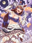  1girl :d animal_ears blue_eyes breasts brown_hair claw_pose cleavage commentary_request detached_collar graveyard hair_between_eyes halloween highres horse_ears horse_girl horse_tail jack-o&#039;-lantern large_breasts long_hair make_up_in_halloween!_(umamusume) maki_yoshitake moon moonlight mummy_costume navel official_alternate_costume open_mouth pacifier smile super_creek_(umamusume) tail teeth torn_clothes umamusume very_long_hair 