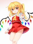  1girl ascot bangs blonde_hair blush breasts collar collared_shirt commentary crystal eyebrows_visible_through_hair eyes_visible_through_hair fang flandre_scarlet gradient gradient_background hair_between_eyes hand_up highres jewelry looking_at_viewer marukyuu_ameya medium_breasts multicolored_wings no_hat no_headwear open_mouth pink_background ponytail puffy_short_sleeves puffy_sleeves red_eyes red_nails red_skirt red_vest shirt short_hair short_sleeves skirt smile solo standing thighs tongue touhou vest white_background white_shirt white_sleeves wings wrist_cuffs yellow_ascot 