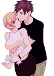  1boy 1girl arms_under_breasts beige_shirt black_shirt black_skirt blonde_hair blush couple eyebrows_visible_through_hair hair_ornament hairclip highres hug hug_from_behind looking_at_another nakiri_erina purple_eyes red_hair s2kns1 shirt shokugeki_no_souma short_hair skirt sleeveless sleeveless_shirt sweatdrop yellow_eyes yukihira_souma 