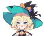  1girl aqua_eyes bangs blonde_hair cardigan commentary english_commentary eyebrows_visible_through_hair hair_ornament hairclip hat kukie-nyan looking_at_viewer lucie_(millie_parfait) millie_parfait nijisanji nijisanji_en orange_cardigan short_hair simple_background solo transparent_background virtual_youtuber witch_hat 