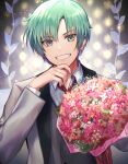  1boy bouquet commentary flower formal green_hair grey_eyes highres holding holding_bouquet male_focus necktie penguu_(green528) shirt smile solo spada_belforma suit tales_of_(series) tales_of_innocence white_suit 