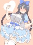  1girl alice_(alice_in_wonderland) alice_(alice_in_wonderland)_(cosplay) alice_in_wonderland apron assault_lily bangs black_hair blue_dress blush bow braid cosplay crying crying_with_eyes_open dress embarrassed frills hair_bow highres open_mouth purple_eyes shirai_yuyu simple_background solo tanin050 tears thighhighs twin_braids white_legwear zettai_ryouiki 