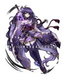  1girl absurdly_long_hair bangs braid breasts criis-chan drawing_sword english_commentary genshin_impact hair_ornament holding holding_sword holding_weapon human_scabbard japanese_clothes komatsuzaki_rui_(style) large_breasts long_hair long_sleeves looking_at_viewer parody purple_eyes purple_hair raiden_shogun shoes simple_background solo style_parody sword sword_out_of_chest thighhighs twitter_username very_long_hair weapon white_background 