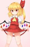  1girl ascot bangs blonde_hair blush bow closed_mouth collar collared_shirt crystal eyebrows_visible_through_hair eyes_visible_through_hair flandre_scarlet hair_between_eyes hair_bow highres jewelry looking_down marukyuu_ameya multicolored_wings no_hat no_headwear one_side_up pink_background pink_nails puffy_short_sleeves puffy_sleeves red_bow red_eyes red_skirt red_vest shirt short_hair short_sleeves simple_background skirt solo standing thighs touhou vest white_shirt white_sleeves wings wrist_cuffs yellow_ascot 
