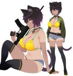  1girl animal_ears assault_rifle bell bikini bikini_top black_hair black_legwear breasts cat_ears cat_girl cat_tail commentary_request dark-skinned_female dark_skin eyebrows_visible_through_hair gradient_hair green_bikini green_eyes green_jacket gun highres holding holding_weapon jacket jingle_bell looking_at_viewer m4_carbine multicolored_bikini multicolored_clothes multicolored_hair navel neck_bell one-piece_tan original paw_print purple_hair rifle short_hair shorts sitting skindentation solo standing swimsuit swimsuit_under_clothes tail tan tanlines thighhighs weapon white_background yellow_bikini yuzuriha_(active_homing) 