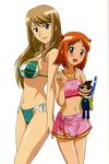  2girls back-to-back bikini blue_eyes blush breasts brown_eyes brown_hair cleavage ginga_kuon gokujou_seitokai happy highres long_hair midriff multiple_girls navel orange_hair pucchan randou_rino sarong scan short_hair side-tie_bikini swimsuit swimsuits tankini underboob v 