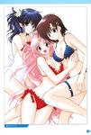  3girls bikini blue_eyes blue_hair breasts brown_eyes brown_hair cleavage frilled_bikini frills girls_bravo highres hug kojima_kirie koyomi_hare_nanaka large_breasts long_hair mario_kaneda medium_breasts miharu_sena_kanaka multiple_girls one-piece_swimsuit pink_eyes pink_hair short_hair swimsuit 