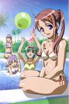  absurdres ball beachball bikini breasts choujuushin_gravion choujuushin_gravion_zwei cleavage day ebata_risa eina faye_xin_lu gusuku_luna highres leele medium_breasts midriff multiple_girls navel official_art palm_tree pool side-tie_bikini small_breasts swimsuit tree 