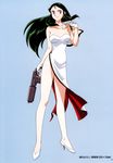  black_hair blue_eyes breasts china_dress chinese_clothes dress giant_robo ginrei_(giant_robo) gloves green_hair gun highres large_breasts long_hair official_art solo weapon 
