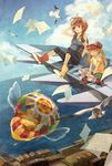 aircraft airplane bad_id bad_pixiv_id balloon bird blonde_hair boots braid brown_eyes brown_hair closed_eyes cloud day flying flying_paper loc6 multiple_girls ocean open_mouth original paper scenery seagull sitting sky smile twin_braids twintails 