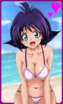  1girl :d amelia_wil_tesla_seyruun beach bikini blue_eyes blue_hair blue_sky blurry blurry_background blush breasts cleavage collarbone day heart highres large_breasts leaning_forward long_hair looking_at_viewer navel ocean open_mouth outdoors shiguko shiny shiny_skin sideboob sky slayers smile standing swimsuit white_bikini 