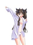  artist_request black_hair bow bow_panties cowboy_shot dress_shirt fate/stay_night fate_(series) green_eyes hair_bow highres long_hair long_sleeves one_eye_closed open_clothes open_shirt panties shirt solo stretch toosaka_rin two_side_up underwear yawning 
