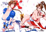  all_fours barefoot breasts cleavage crossover dead_or_alive fatal_fury feet high_ponytail huge_breasts kasumi_(doa) kneeling long_hair multiple_girls newmen panties pelvic_curtain red_hair revealing_clothes shiranui_mai sideboob the_king_of_fighters thighhighs toeless_legwear trait_connection underwear white_legwear white_panties 