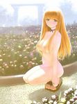  breasts choker day dead_or_alive ebina_souichi garden kasumi_(doa) medium_breasts nipples nude orange_hair outdoors sandals solo yellow_eyes 